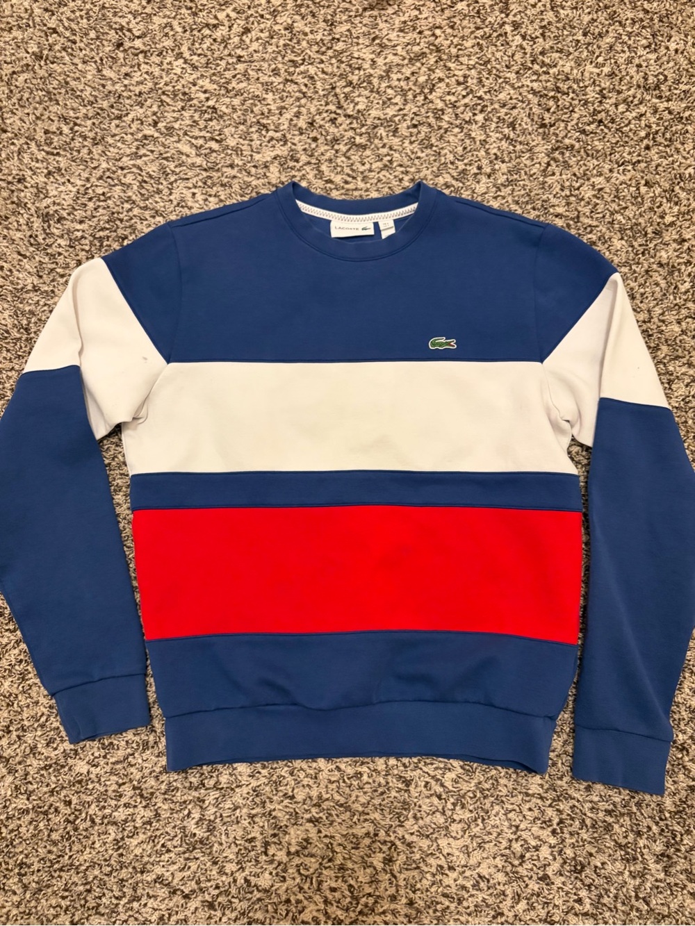 Lacoste Men's Blue, White & Red Stripe Crewneck Sweater